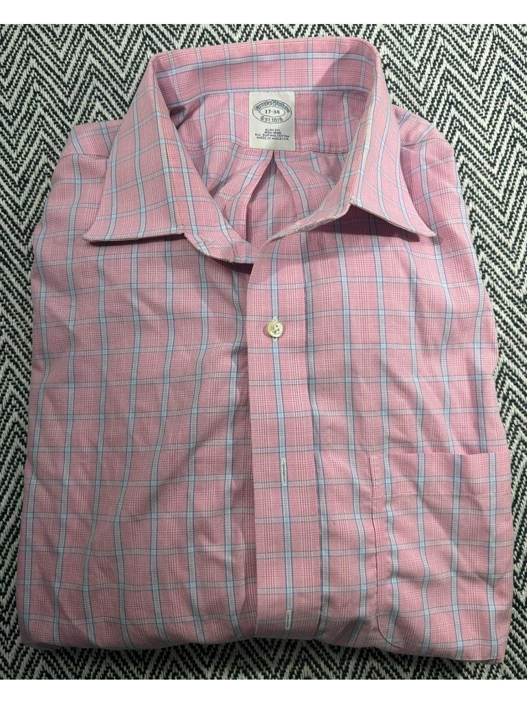 Brooks Brothers Mens Button-Down Shirt Pink & Blue Plaid 17-34 Slim Fit